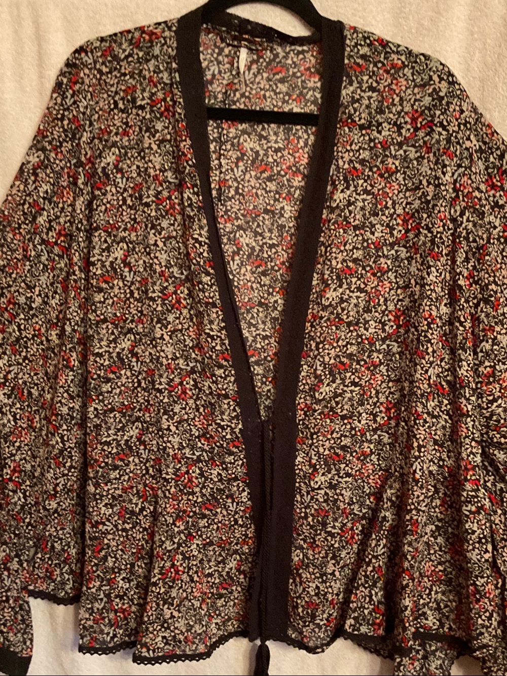 Free people Black Floral Print Open Cardigan with Red Accents